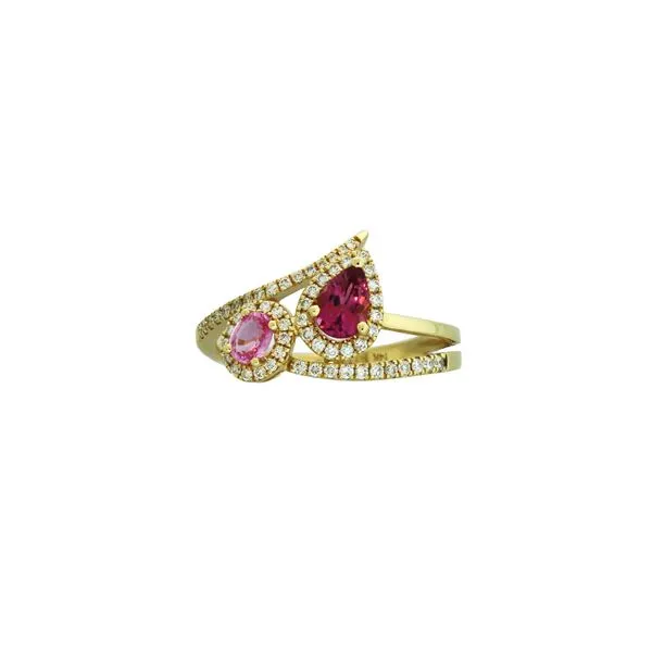 Sapphire and Tourmaline stunners showcased in yellow gold Root Jewelers Medford, OR