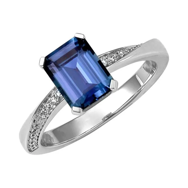 Classic beauty with a twisted shank showcases a Chatham created Alexandrite and laboratory grown diamonds Root Jewelers Medford, OR