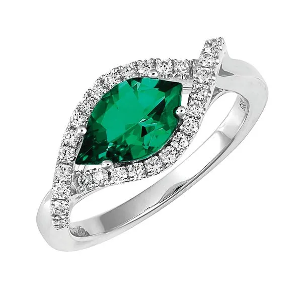 Chatham Flame cut created Emerald and laboratory grown diamond ring. Root Jewelers Medford, OR