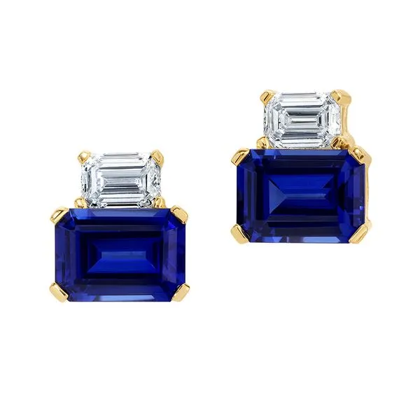 Stunning Chatham created sapphire and laboratory grown diamond earrings Root Jewelers Medford, OR