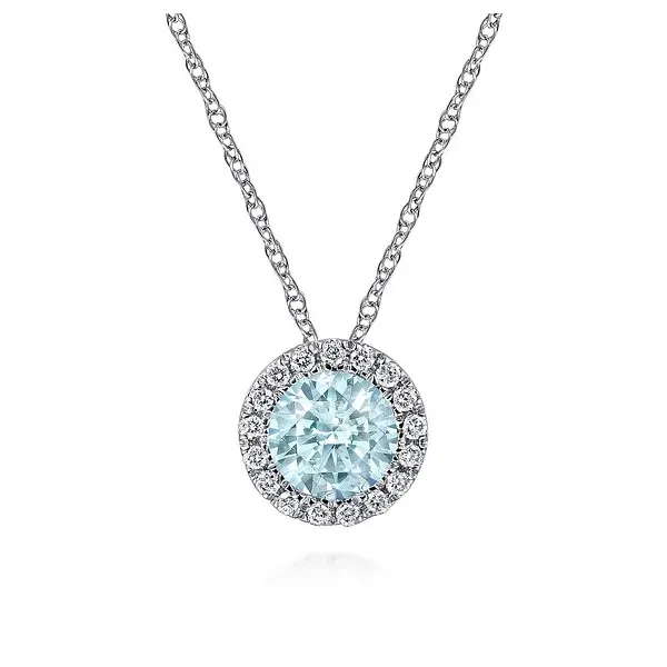 Classic halo style pendant with beautiful aqua center Root Jewelers Medford, OR