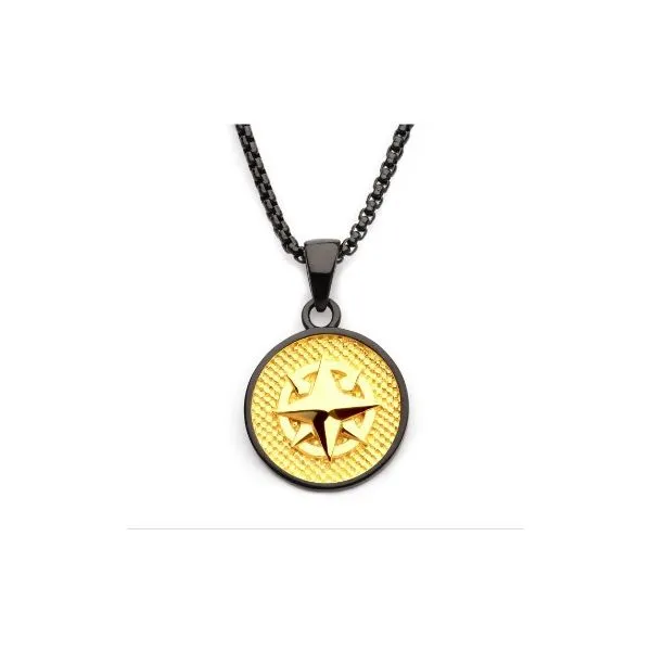 Amazing Black Stainless Steel and 18ky Gold Plated Compass Pendant Root Jewelers Medford, OR