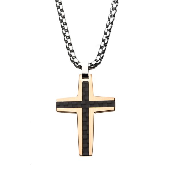 Stainless steel carbon fiber cross with rose accent. Root Jewelers Medford, OR