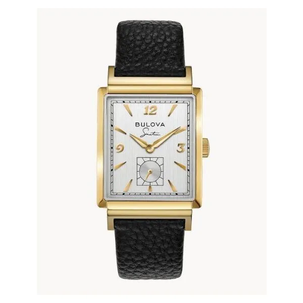 Bulova, Frank Sinatra, the ‘My Way’ watch features a gold-tone stainless steel rectangular case with a silver white dial, gold-tone hands and mark Root Jewelers Medford, OR