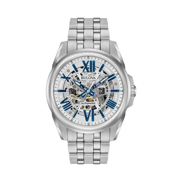 Classic Bulova blue skeleton face automatic Stainless Steel watch. Root Jewelers Medford, OR