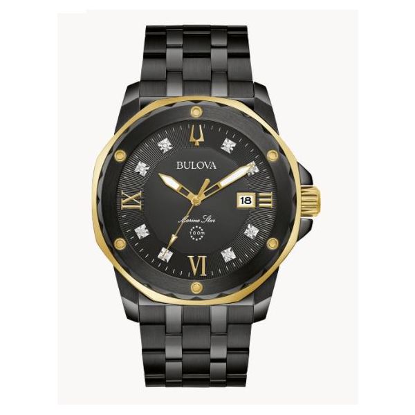 Bulova from the Marine Star Collection, in black ion-plated stainless steel features a black sunray dial with eight individually hand set diamonds and Root Jewelers Medford, OR