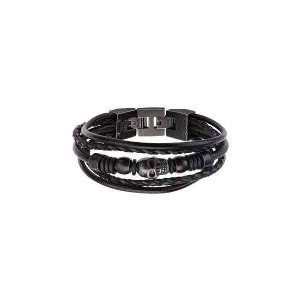 Trendy Multi Leather and Skull Bead Stainless Steel Bracelet Root Jewelers Medford, OR