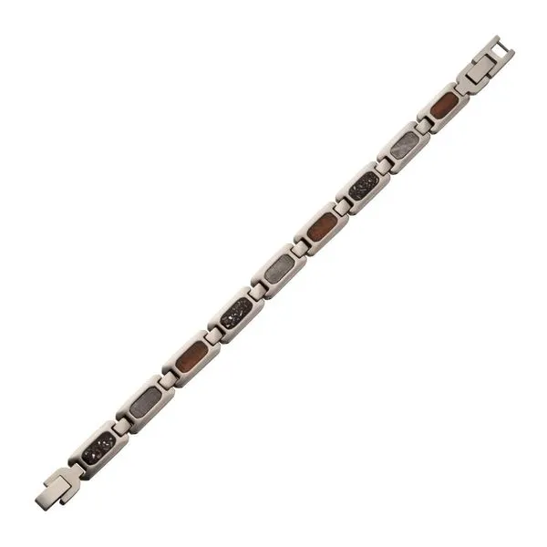 Extinction collection stainless steel bracelet with meteorite, whiskey barrel wood & dinosaur bone inlay Root Jewelers Medford, OR