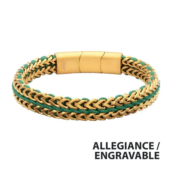 Gold plated stainless steel with paracord that is engraveable and comes in many colors Root Jewelers Medford, OR