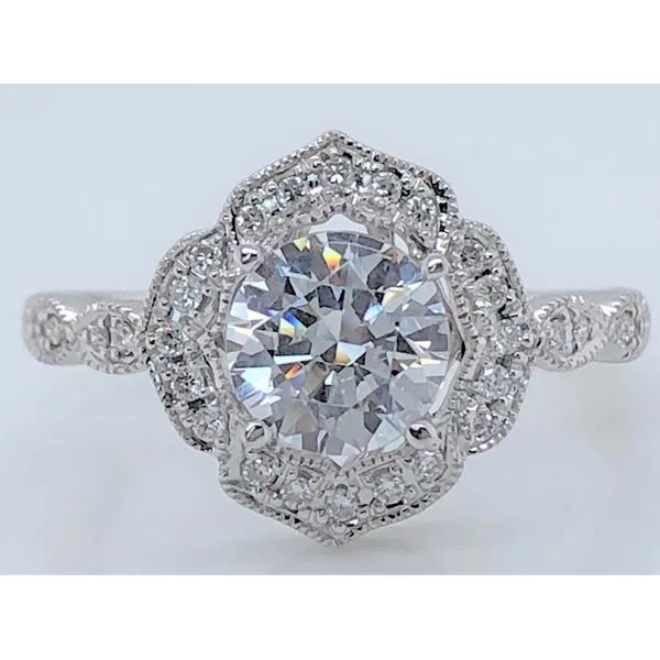 VICTORIAN STYLE ORNATE HALO DIAMOND RING IN WHITE GOLD Sam Dial Jewelers Pullman, WA