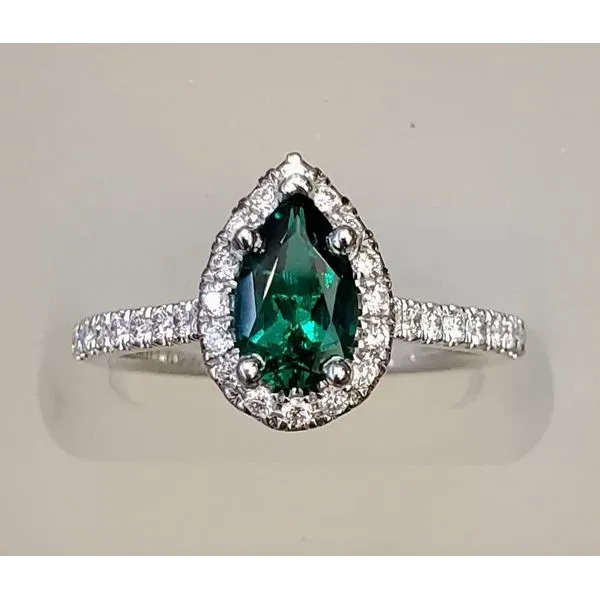 Pear-Cut Emerald Diamond Halo Ring Sam Dial Jewelers Pullman, WA