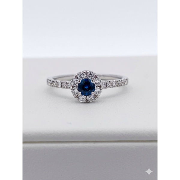 Sapphire and Diamond Halo Ring Sam Dial Jewelers Pullman, WA