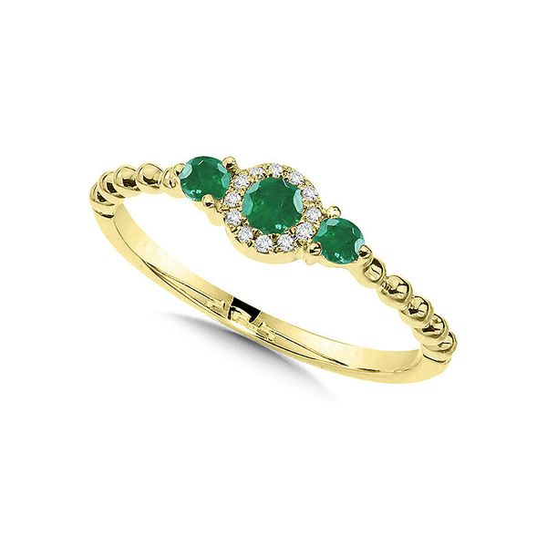 YELLOW GOLD 3 STONE EMERALD RING WITH DIAMOND HALOW Sam Dial Jewelers Pullman, WA