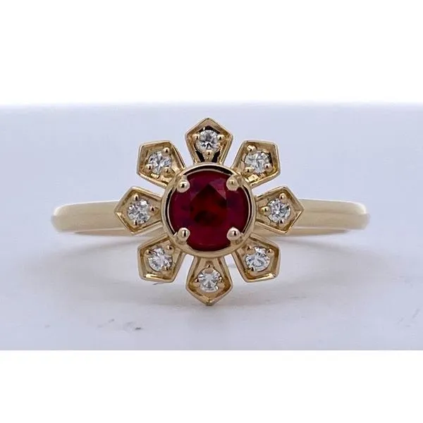 YELLOW GOLD NATURAL RUBY AND DIAMOND FLOWER RING Sam Dial Jewelers Pullman, WA
