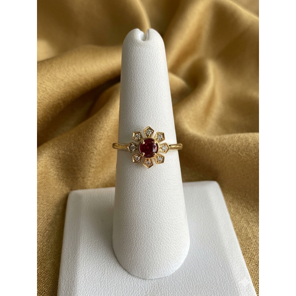 YELLOW GOLD NATURAL RUBY AND DIAMOND FLOWER RING Sam Dial Jewelers Pullman, WA