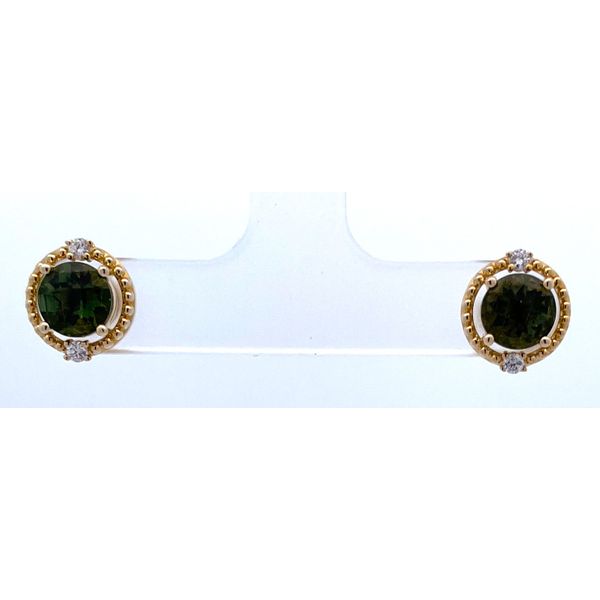 YELLOW GOLD MOLDAVITE AND DIAMOND EARRINGS Sam Dial Jewelers Pullman, WA
