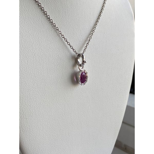 WHITE GOLD OVAL NATURAL PINK SAPPHIRE AND BAGUETTE DIAMOND HALO STYLE PENDANT Image 2 Sam Dial Jewelers Pullman, WA