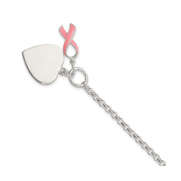 STERLING SILVER BREAST CANCER PINK RIBBON WITH ENGRAVEABLE HEART CHARMS BRACELET Sam Dial Jewelers Pullman, WA