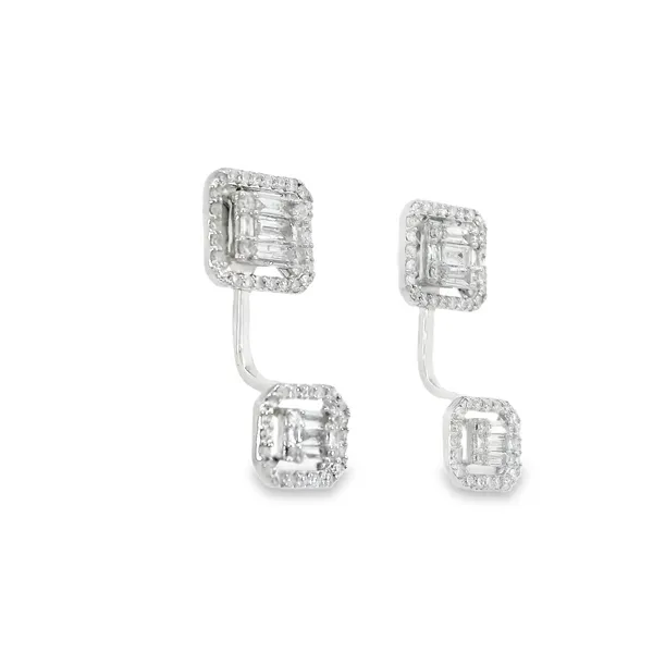 14K White Gold Baguette and Round Diamond Earrings Image 2 S&E Jewelers Depew, NY