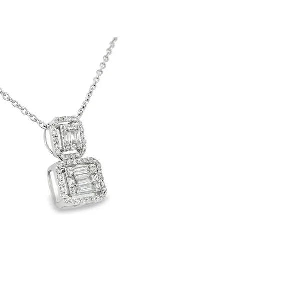 14K White Gold Baguette and Round Diamond Emerald Cut Halo Necklace Image 2 S&E Jewelers Depew, NY