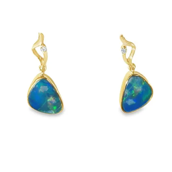 14K Yellow Boulder Doublet Opal & Diamond Earrings S&E Jewelers Depew, NY