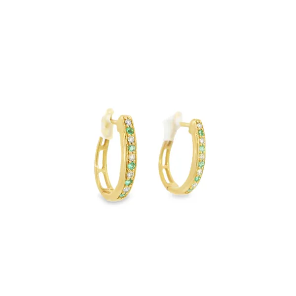 14K Yellow Gold Diamond and Emerald Hoop Earrings Image 2 S&E Jewelers Depew, NY