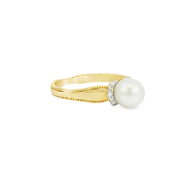 10Kt Yellow Gold Free Form Pearl Ring with Diamonds Image 2 S&E Jewelers Depew, NY