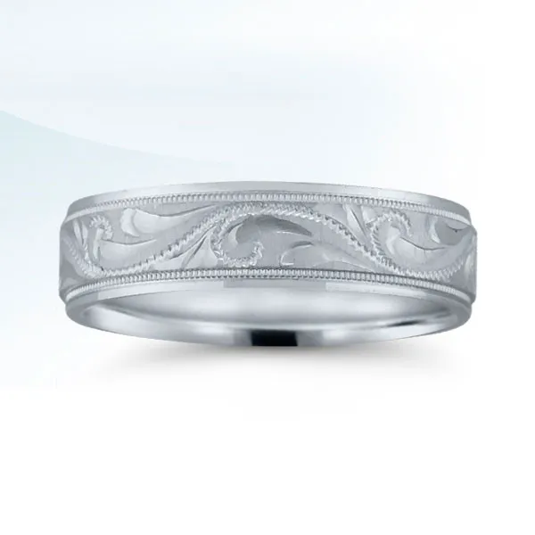 14Kt White Gold Men's Engraved Wedding Band S&E Jewelers Depew, NY