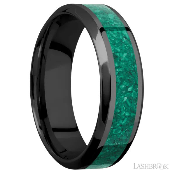 Black Zirconium Men's Wedding Band with Malachite Inlay Image 2 S&E Jewelers Depew, NY