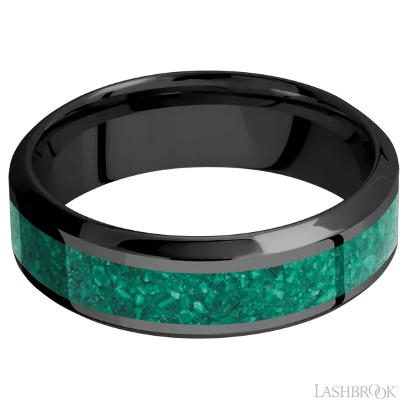 Black Zirconium Men's Wedding Band with Malachite Inlay Image 3 S&E Jewelers Depew, NY
