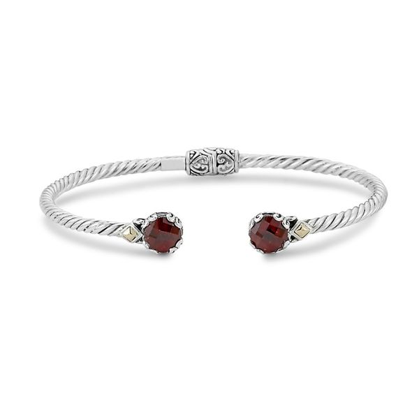 Sterling Silver and 18kt 7mm Round Garnet Twisted Cable Bangle By Samuel B Sanders Diamond Jewelers Pasadena, MD