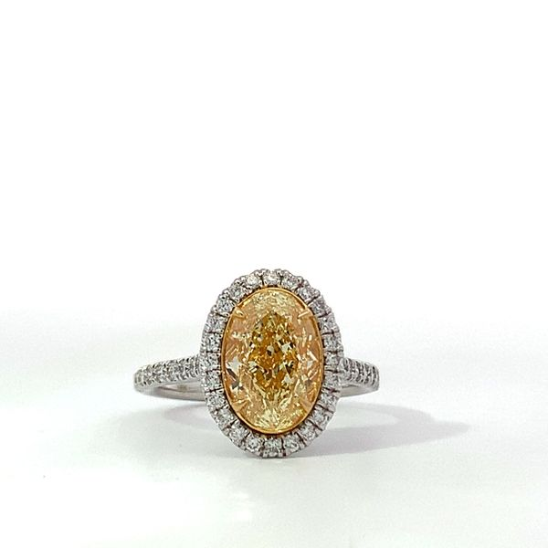 Yellow Oval Diamond Halo Twisted Diamond Shank Ring Saxons Fine Jewelers Bend, OR