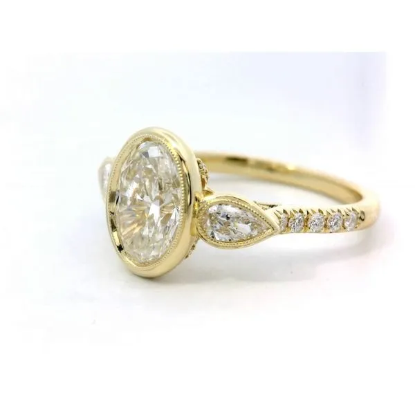 Simon G. 18 Karat Yellow Gold Oval Diamond Pear Bezel Milgrain 3 Stone Ring Image 3 Saxons Fine Jewelers Bend, OR