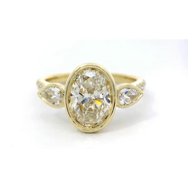 Simon G. 18 Karat Yellow Gold Oval Diamond Pear Bezel Milgrain 3 Stone Ring Saxons Fine Jewelers Bend, OR