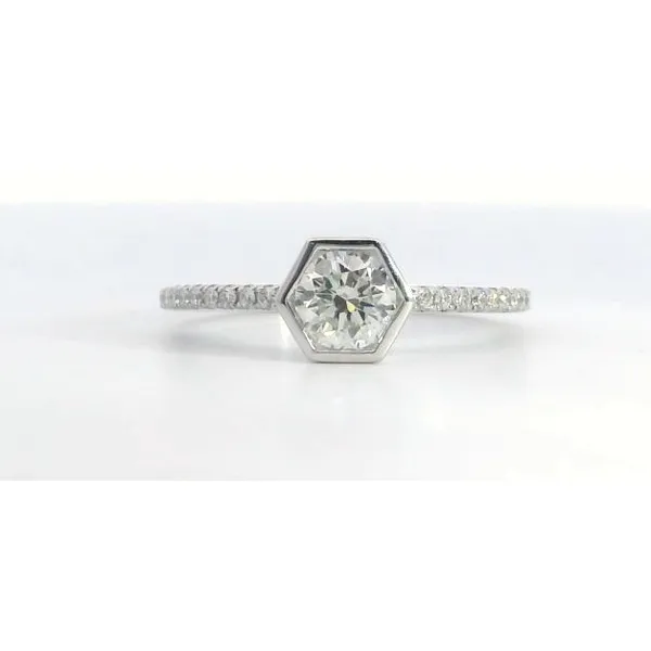 18K White Gold Round Diamond Hexagon Engagement Ring