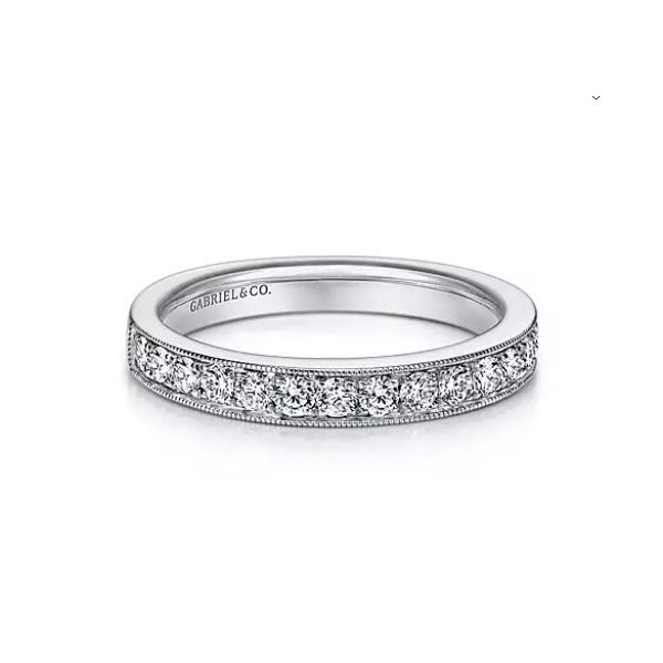 Gabriel & Co. 14 Karat White Gold Micro Pave Channel Diamond Wedding Band with Millgrain 0.49ct Saxons Fine Jewelers Bend, OR