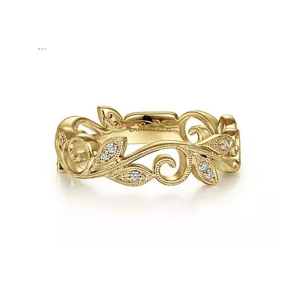 Gabriel & Co. 14 Karat Yellow Gold Scrolling Floral Diamond Ring Saxons Fine Jewelers Bend, OR