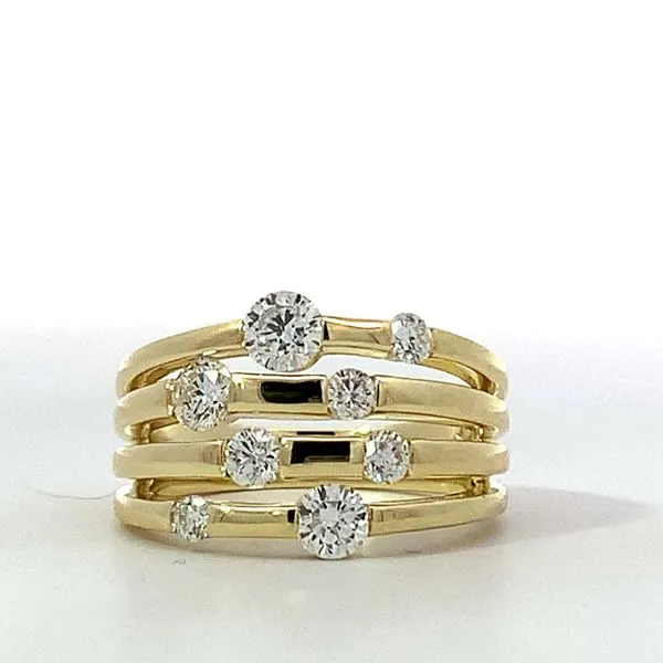14 Karat Yellow Gold Diamond 4 Row Bar Station Band