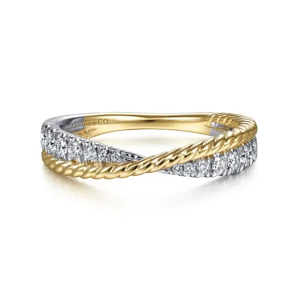 Gabriel & Co. 14K YG/WG Criss Cross Diamond Twisted Band Saxons Fine Jewelers Bend, OR