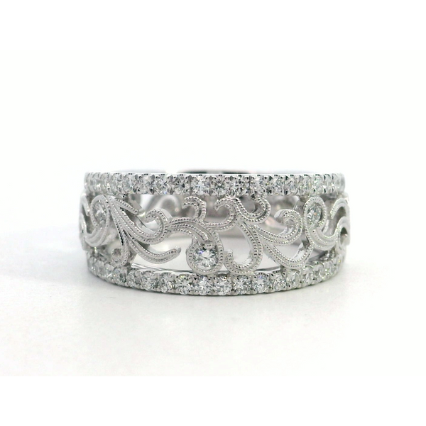 Simon G. 18 Karat White Gold Diamond Wide Floral Band Saxons Fine Jewelers Bend, OR