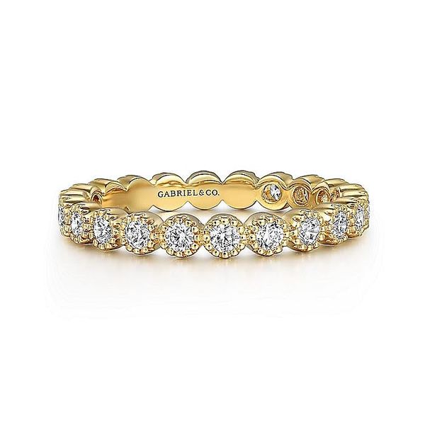 Gabriel & Co. 14 Karat Yellow Gold Diamond Milgrain Bezel Almost Eternity Band Saxons Fine Jewelers Bend, OR