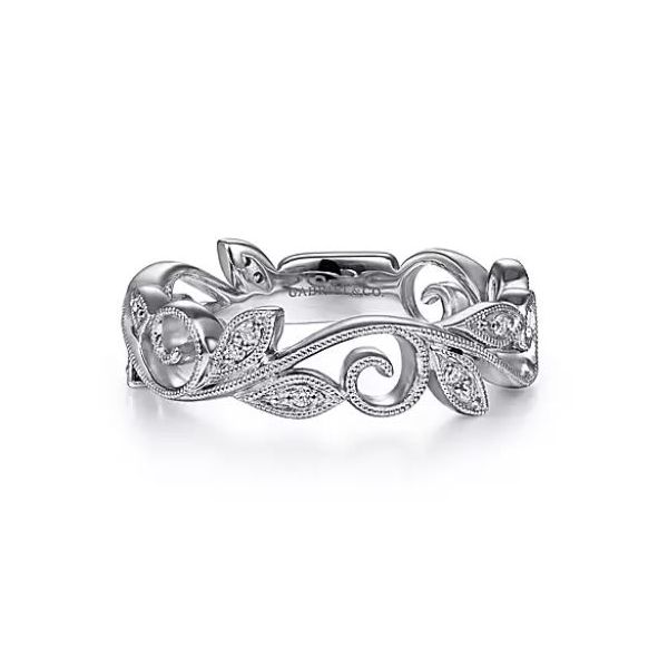 Gabriel & Co. 14 Karat White Gold Diamond Floral Scrolling Ring Saxons Fine Jewelers Bend, OR