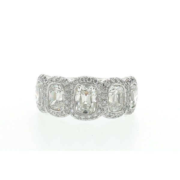 Platinum Vintage Cut Diamond Five Stone Bezel and Pavé Halo Wide Band Ring Saxons Fine Jewelers Bend, OR