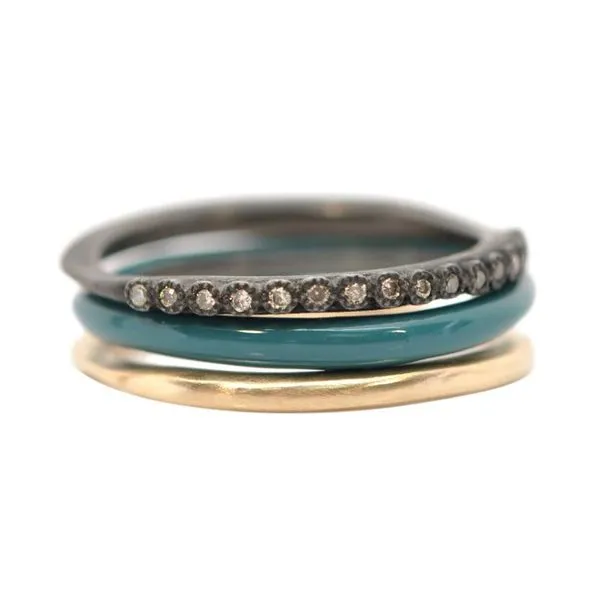 Armenta. 14 Karat Rose Gold Blackened Sterling Silver Teal Enamel Champagne Diamond Stack Ring Set Saxons Fine Jewelers Bend, OR