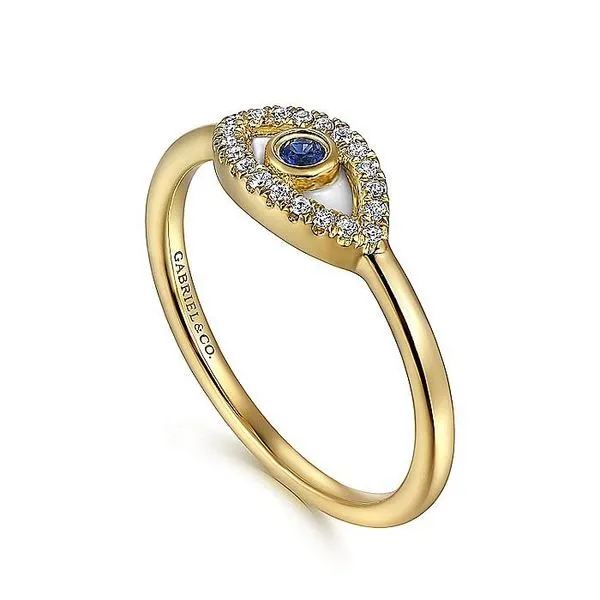 Gabriel & Co. 14 Karat Yellow Gold Diamond Blue Sapphire Evil Eye White Enamel Ring Image 2 Saxons Fine Jewelers Bend, OR