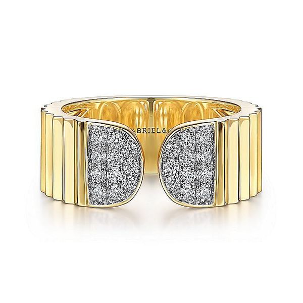 Gabriel & Co. 14 Karat Yellow Gold Diamond Open Pave End Caps Ring Saxons Fine Jewelers Bend, OR