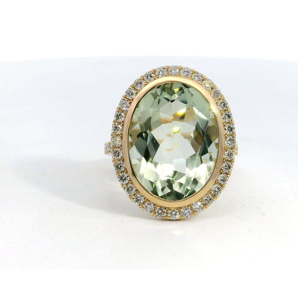Doves 18K YG Oval Green Amethyst Diamond Halo Ring Saxons Fine Jewelers Bend, OR