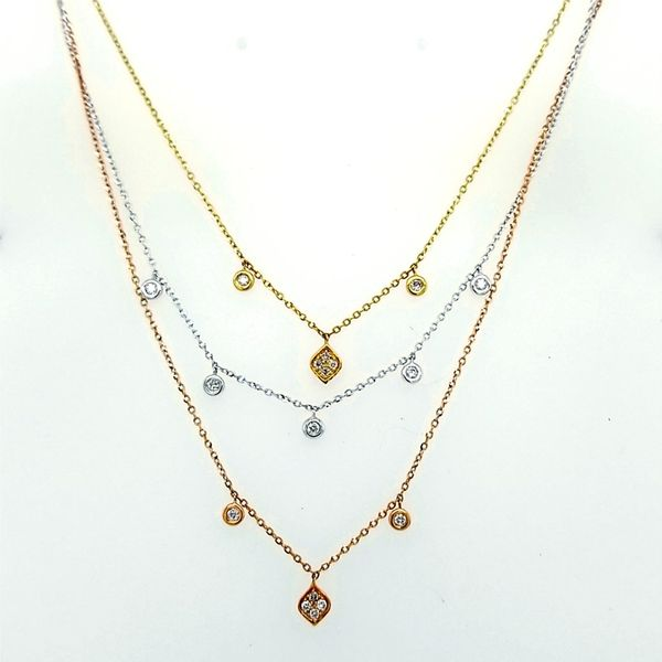 Yellow Gold/White Gold/Rose Gold and Three Row Dangle Diamond Necklace Saxons Fine Jewelers Bend, OR