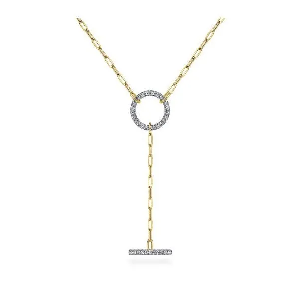 4 Karat Yellow Gold Diamond Circle Bar Y Knot Paperclip Chain Necklace Saxons Fine Jewelers Bend, OR