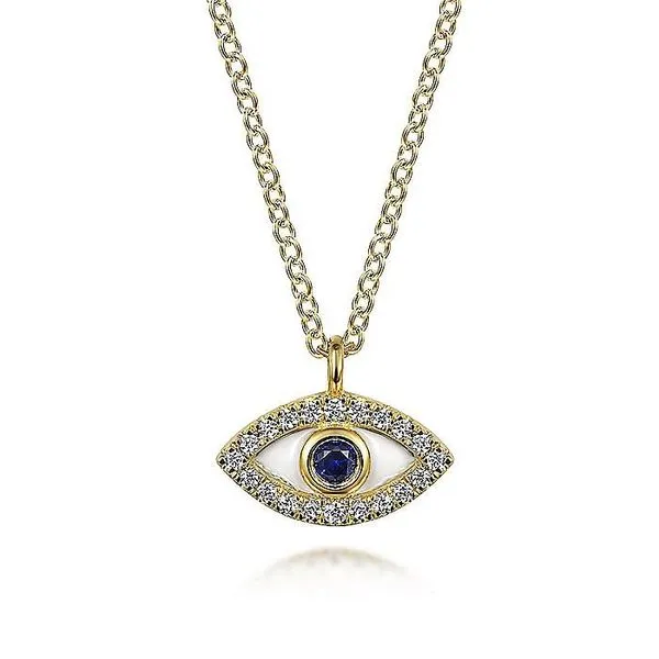 Gabriel & Co. 14 Karat Yellow Gold Diamond Sapphire Evil Eye Pendant Necklace Saxons Fine Jewelers Bend, OR